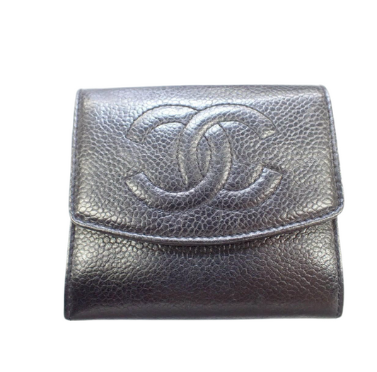 Pre-Owned Chanel Coco Mark Bifold Wallet Caviar Leather (Black)