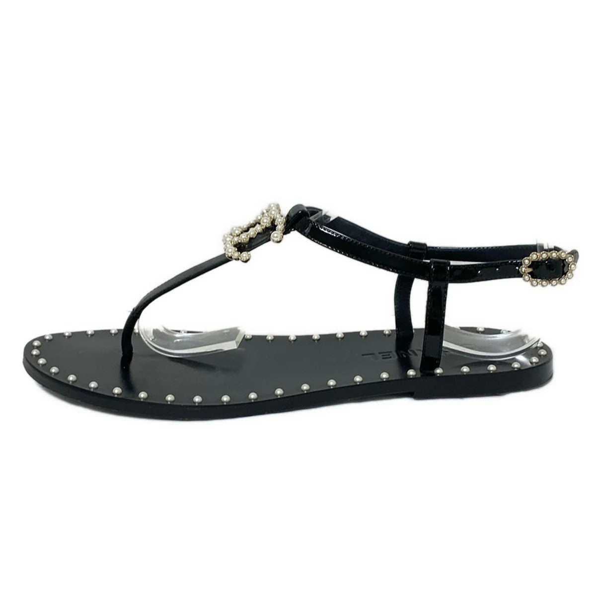 Pre-Owned Chanel Pearl Coco Patent Leather Sandals 37.5C with Box