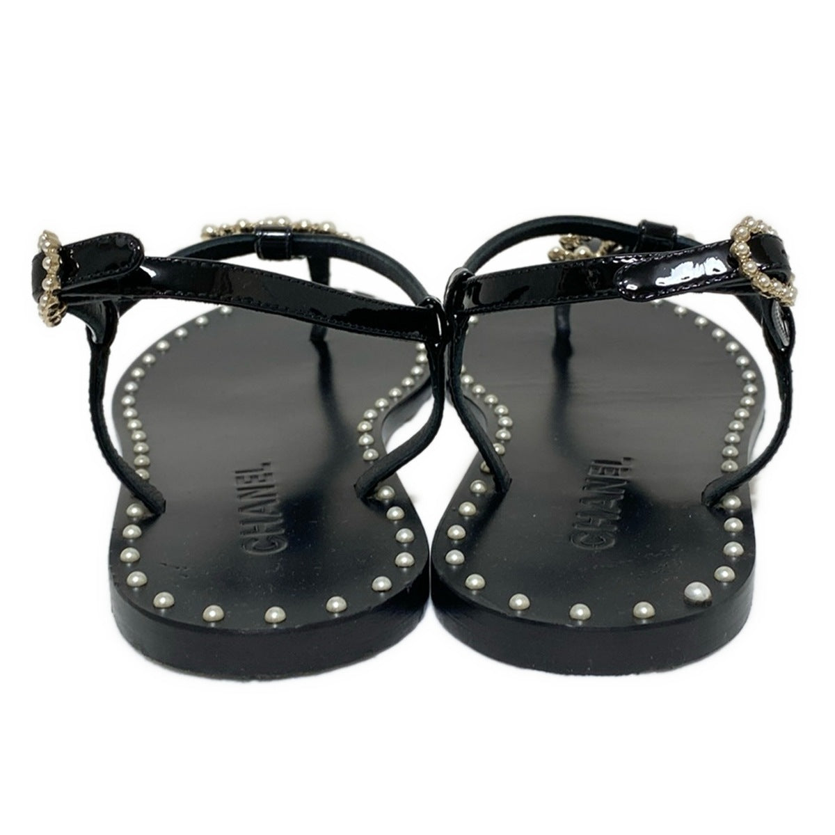 Pre-Owned Chanel Pearl Coco Patent Leather Sandals 37.5C with Box