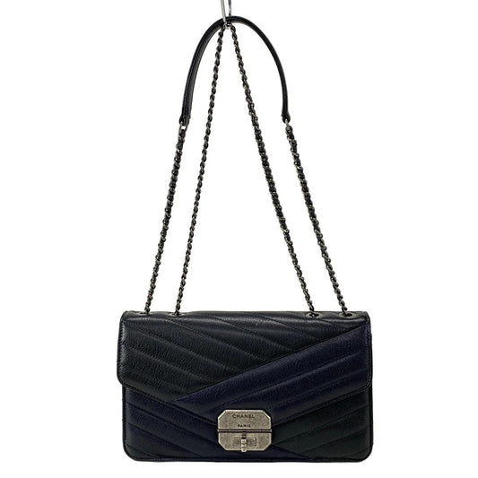 Pre-Owned Chanel 2.55 V-Stitching Gabriel Goatskin Flap Shoulder Bag (Navy & Black)