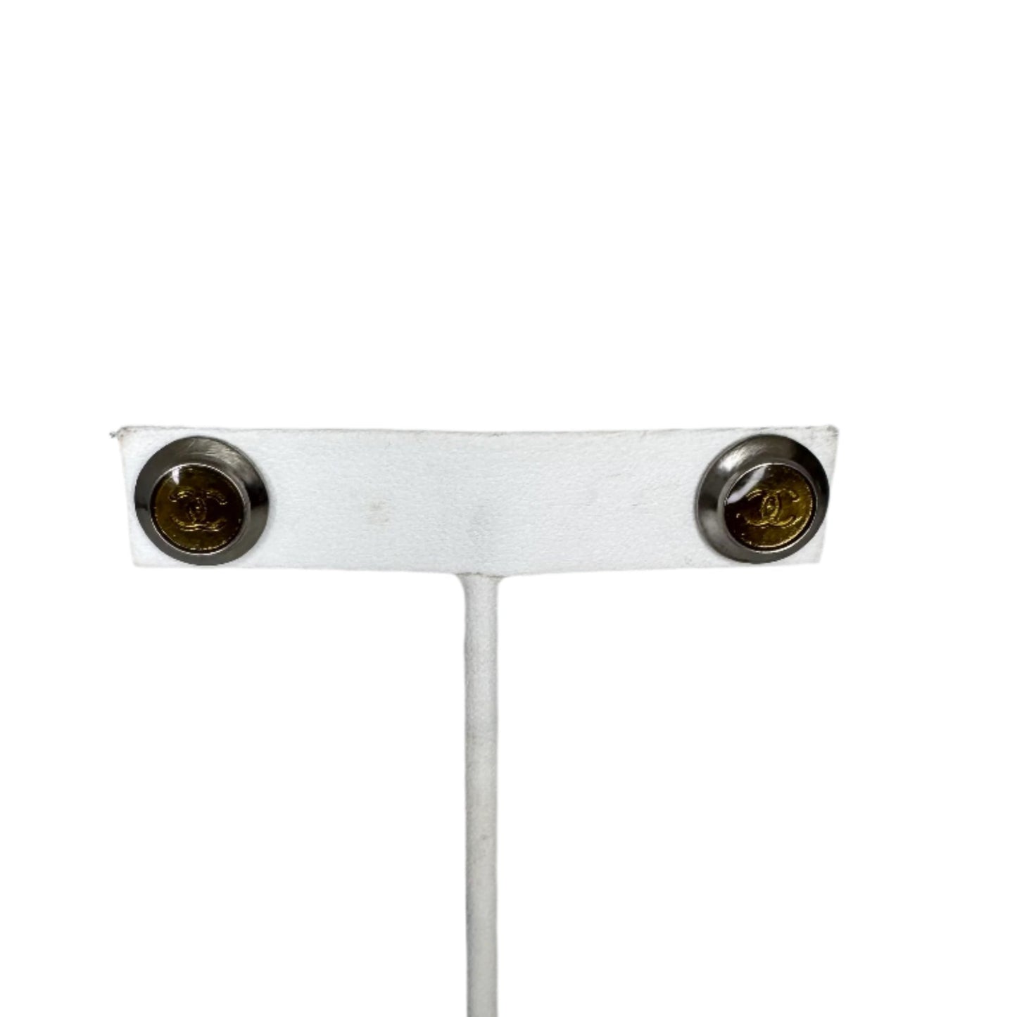Pre-Owned Chanel Silver Post with Gold Acrylic Coco Mark Earrings 1999