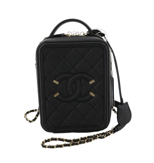 Pre-Owned Chanel Filigree Vertical Vanity Caviar Leather Crossbody (Black) CHA.B.1020