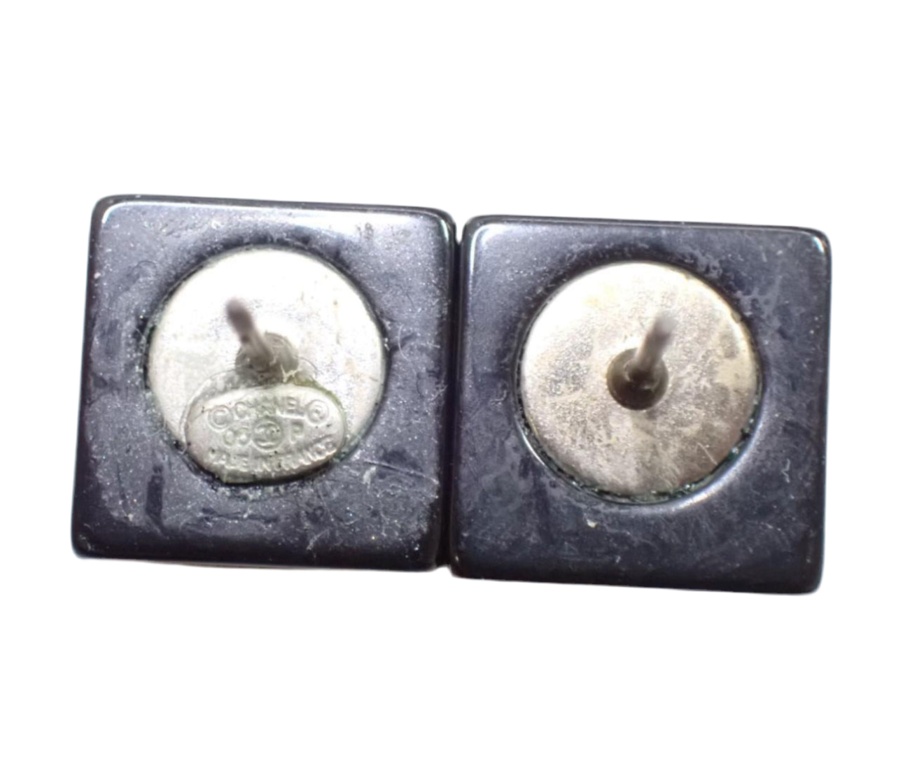 Preowned Chanel Square Acrylic & Rhinestone Coco Mark Pierced Earrings-CHA.J.1024