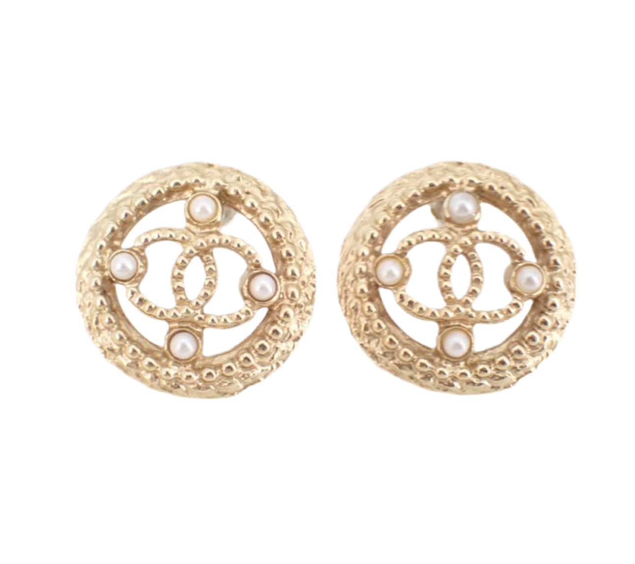 Preowned Chanel Coco Mark Medalion with Champagne Gold and Pearl Pierced Earrings 2019-CHA.J.1023