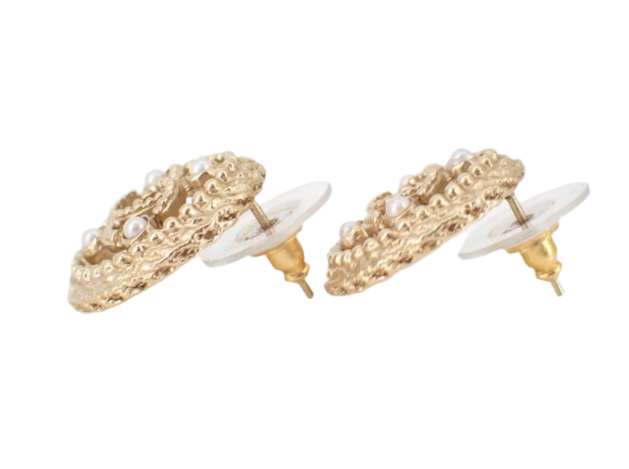 Preowned Chanel Coco Mark Medalion with Champagne Gold and Pearl Pierced Earrings 2019-CHA.J.1023