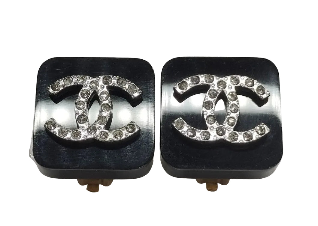 Pre-Owned Chanel Square CC Black & Silver Stone 95 Clip On Earrings CHA.J.1116