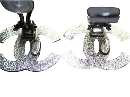 Pre-owned Chanel 02’ Silver & Black Stone Coco Mark Clip On Earrings CHA.J.1088