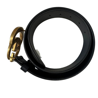 Pre-Owned Gucci GG Marmont Wide Leather Belt 75(Black & Antique Gold) GUC.A.1015