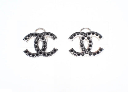 Pre-owned Chanel 02’ Silver & Black Stone Coco Mark Clip On Earrings CHA.J.1093