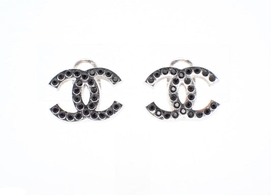 Pre-owned Chanel 02’ Silver & Black Stone Coco Mark Clip On Earrings CHA.J.1093