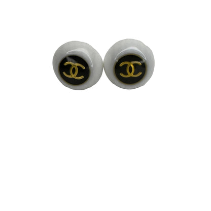 Pre-Owned Chanel Vintage Button Coco Mark White & Black Clip On Earrings 1996 CHA.J.1034