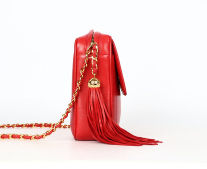 Pre-Owned Chanel Vintage Coco Mark Small Fringe Lambskin Leather Camera Bag (Red)