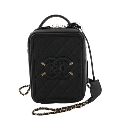 Pre-Owned Chanel Filigree Vertical Vanity Caviar Leather Crossbody (Black)