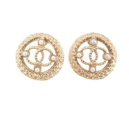 Preowned Chanel Coco Mark Medalion with Champagne Gold and Pearl Pierced Earrings 2019-CHA.J.1023