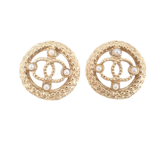Preowned Chanel Coco Mark Medalion with Champagne Gold and Pearl Pierced Earrings 2019-CHA.J.1023