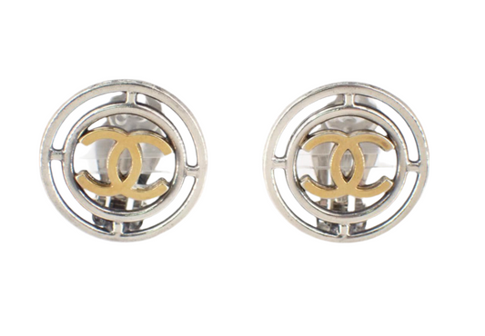 Pre-Owned Chanel Icon Series Silver & Gold Circle Medallion Clip On Earrings
