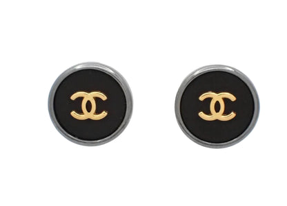 Pre-Owned Chanel Gold Edge Silver Coco Mark Clip on Earrings 1996 CHA.J.1143