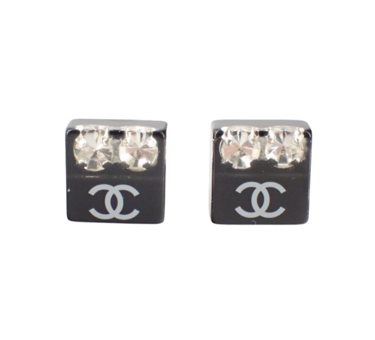 Preowned Chanel Square Acrylic & Rhinestone Coco Mark Pierced Earrings-CHA.J.1024