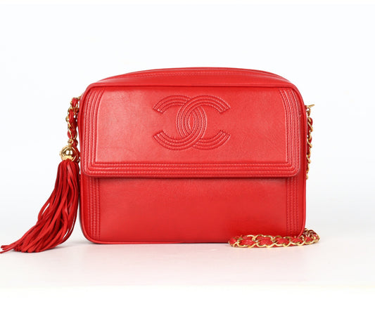 Pre-Owned Chanel Vintage Coco Mark Small Fringe Lambskin Leather Camera Bag (Red)