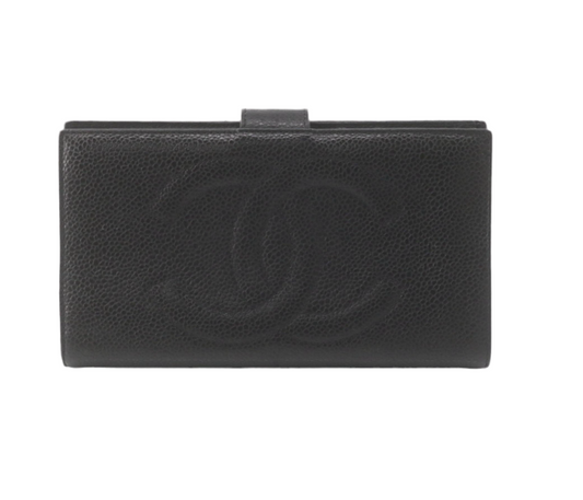 Pre-Owned Chanel Coco Mark Kiss Lock Long Wallet Caviar Leather (Black) 3 Series