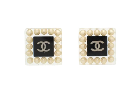 Preowned Chanel Square Acrylic & Pearl Coco Mark Pierced Earrings-CHA.J.1051