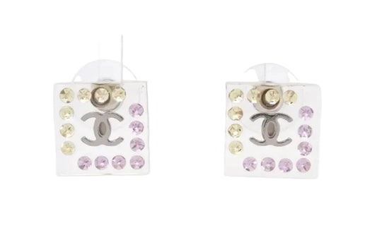 Preowned Chanel Square Acrylic & Stone Coco Mark Pierced Earrings-CHA.J.1052