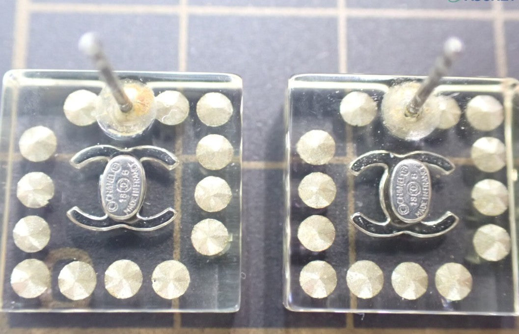 Preowned Chanel Square Acrylic & Stone Coco Mark Pierced Earrings-CHA.J.1052