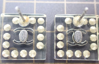 Preowned Chanel Square Acrylic & Stone Coco Mark Pierced Earrings-CHA.J.1052