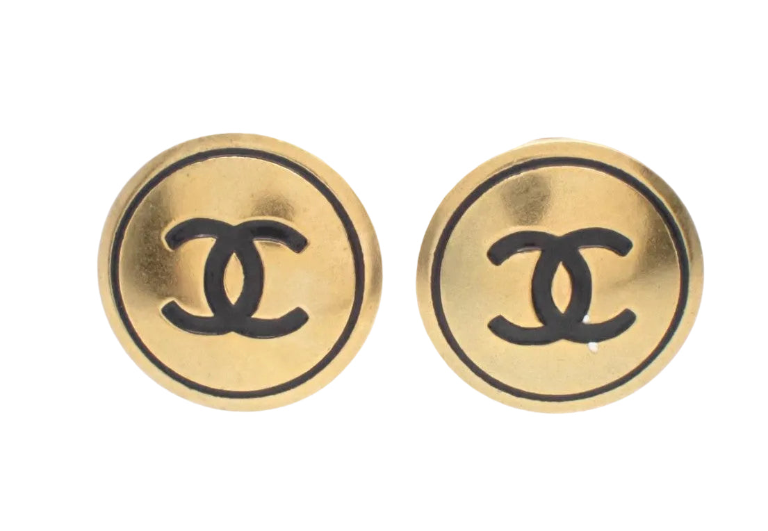 Pre-Owned Chanel 1994 Gold w/ Black Clip On Earrings CHA.J.1098