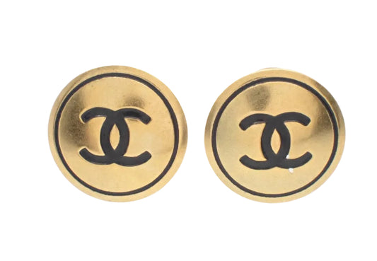 Pre-Owned Chanel 1994 Gold w/ Black Clip On Earrings CHA.J.1098