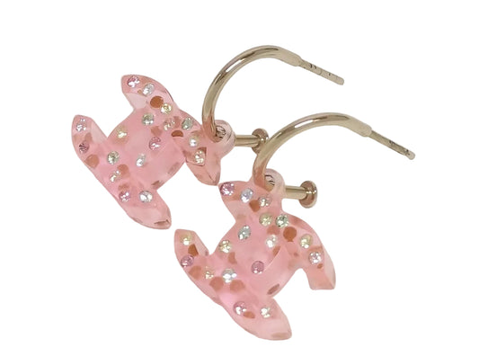 Preowned Chanel Pink Stone Circle Huggie Pierced Earrings-CHA.J.1100