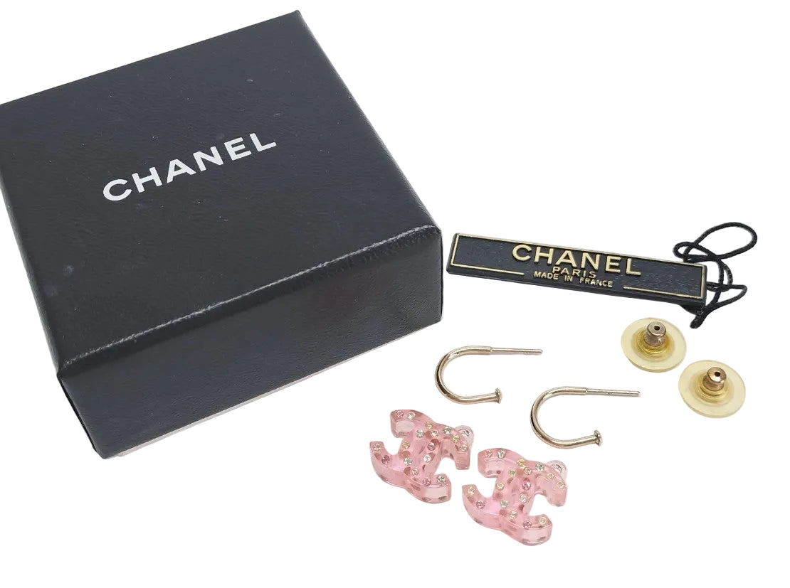 Preowned Chanel Pink Stone Circle Huggie Pierced Earrings-CHA.J.1100