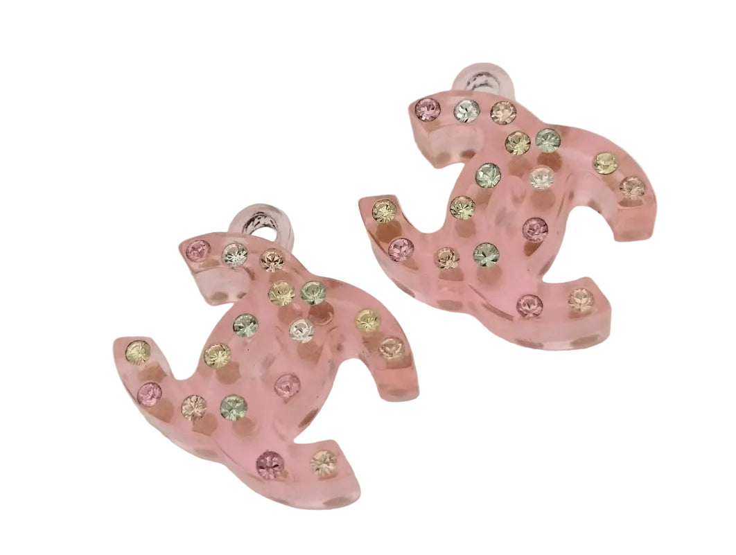 Preowned Chanel Pink Stone Circle Huggie Pierced Earrings-CHA.J.1100