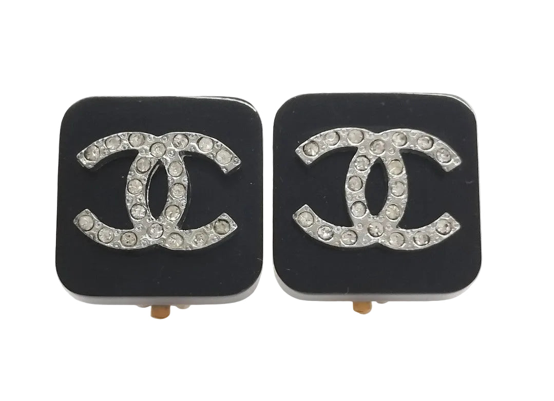 Pre-Owned Chanel Square CC Black & Silver Stone 95 Clip On Earrings CHA.J.1116