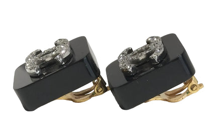 Pre-Owned Chanel Square CC Black & Silver Stone 95 Clip On Earrings CHA.J.1116