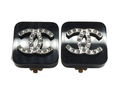 Pre-Owned Chanel Square CC Black & Silver Stone 95 Clip On Earrings CHA.J.1116