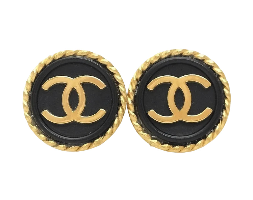 Pre-Owned Chanel Vintage Coco Mark Gold & Black Rope Edge 95' Clip On Earrings CHA.J.1127