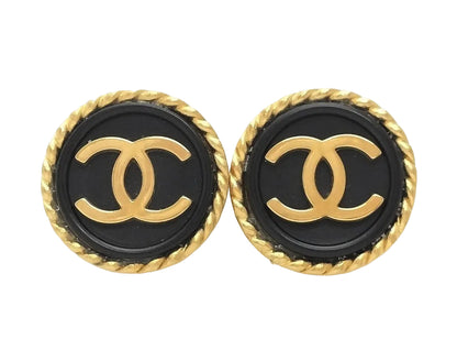 Pre-Owned Chanel Vintage Coco Mark Gold & Black Rope Edge 95' Clip On Earrings CHA.J.1127