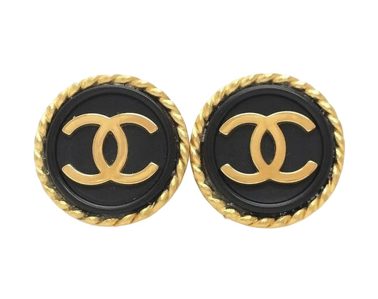 Pre-Owned Chanel Vintage Coco Mark Gold & Black Rope Edge 95' Clip On Earrings CHA.J.1127