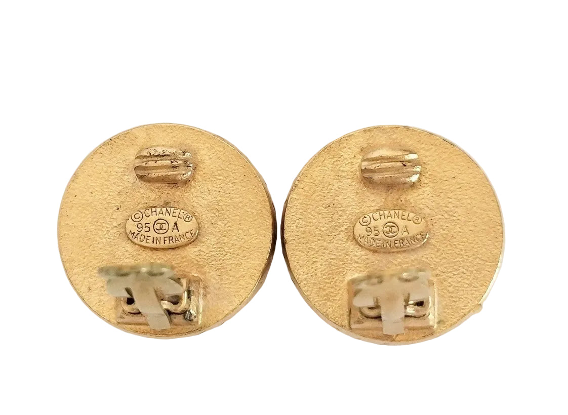 Pre-Owned Chanel Vintage Coco Mark Gold & Black Rope Edge 95' Clip On Earrings CHA.J.1127
