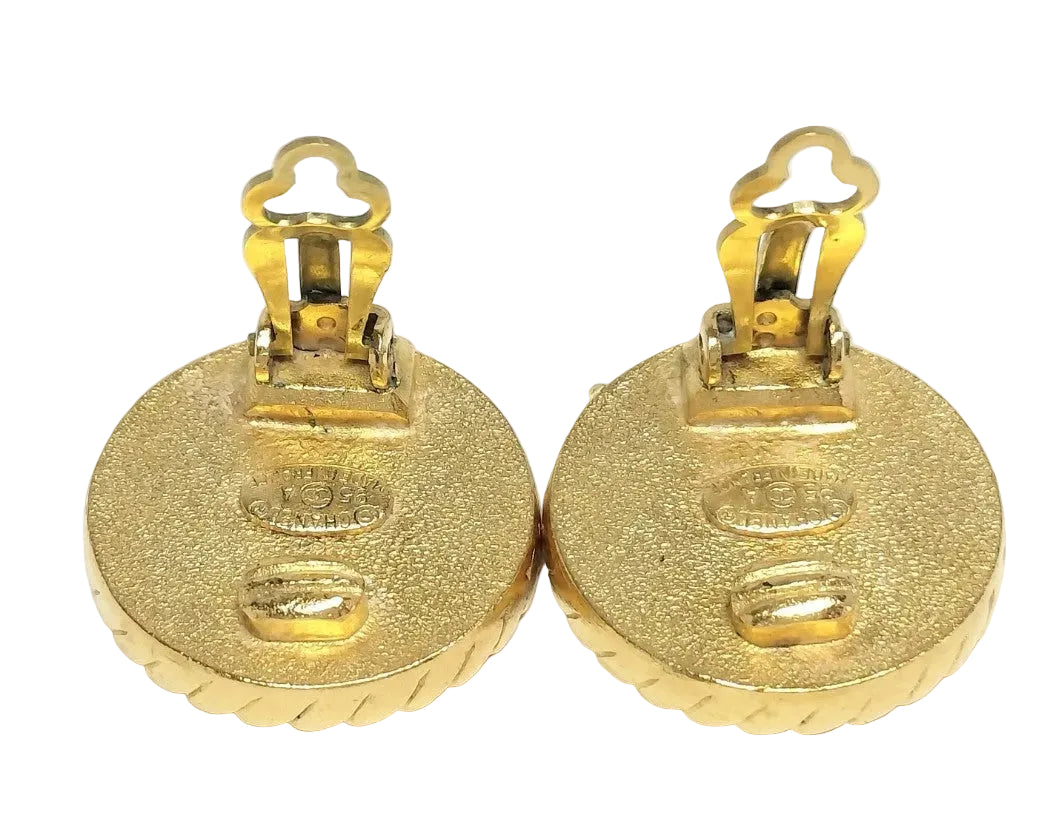 Pre-Owned Chanel Vintage Coco Mark Gold & Black Rope Edge 95' Clip On Earrings CHA.J.1127