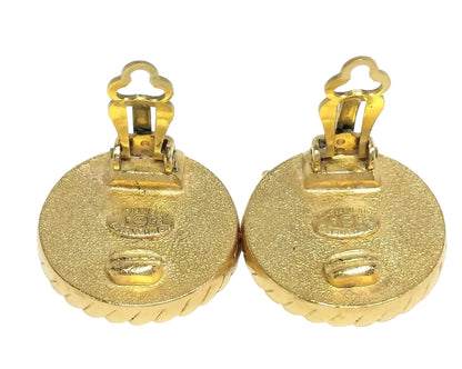 Pre-Owned Chanel Vintage Coco Mark Gold & Black Rope Edge 95' Clip On Earrings CHA.J.1127