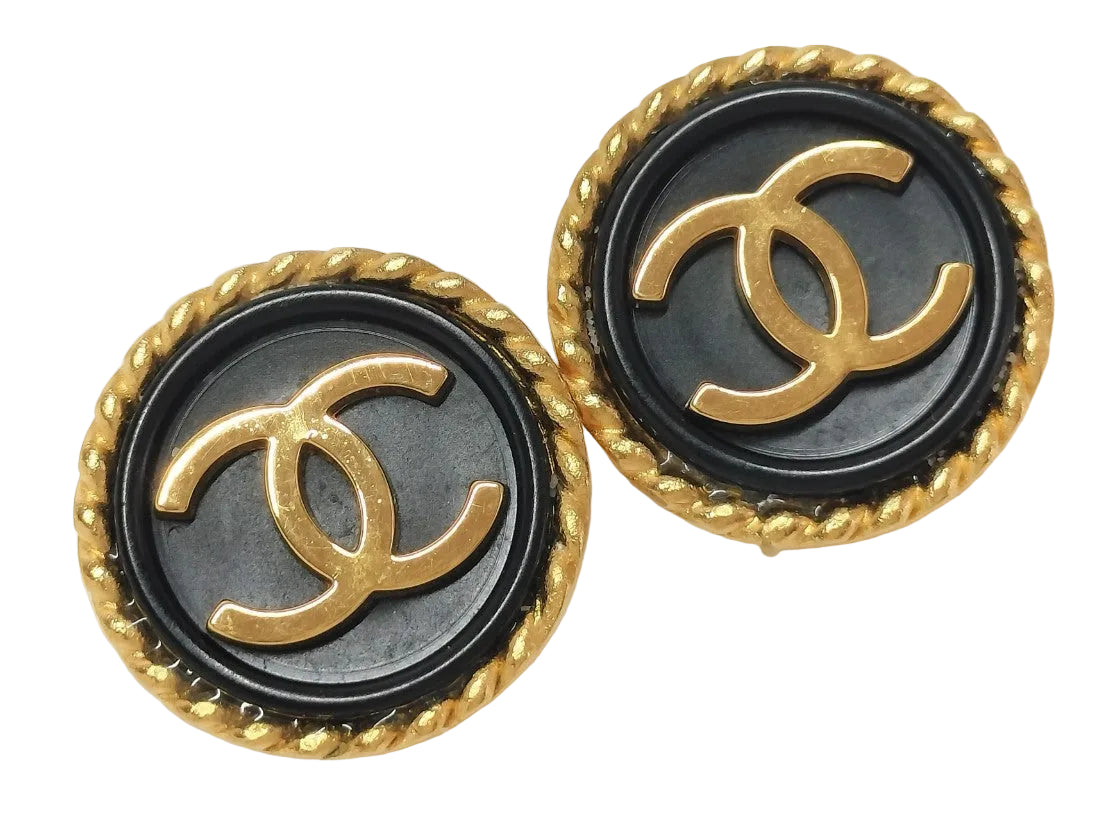 Pre-Owned Chanel Vintage Coco Mark Gold & Black Rope Edge 95' Clip On Earrings CHA.J.1127