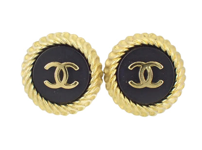 Pre-Owned Chanel Vintage Coco Mark Gold & Black Rope Edge 95' Clip On Earrings CHA.J.1133