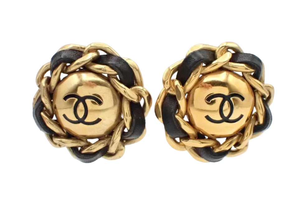 Pre-Owned Chanel Vintage Coco Mark Large Chain Link Gold & Black Leather Clip on Earrings CHA.J.1135
