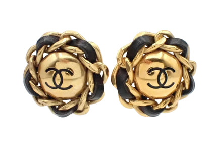 Pre-Owned Chanel Vintage Coco Mark Large Chain Link Gold & Black Leather Clip on Earrings CHA.J.1135