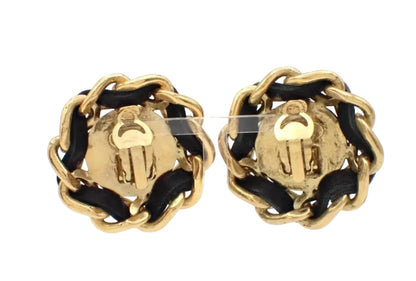 Pre-Owned Chanel Vintage Coco Mark Large Chain Link Gold & Black Leather Clip on Earrings CHA.J.1135