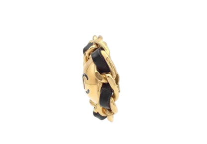 Pre-Owned Chanel Vintage Coco Mark Large Chain Link Gold & Black Leather Clip on Earrings CHA.J.1135