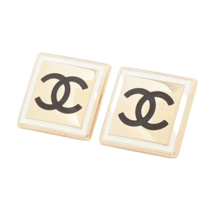 Pre-Owned Chanel 2022 Square Gold and Black CC Pierced Earrings CHA.J.1145