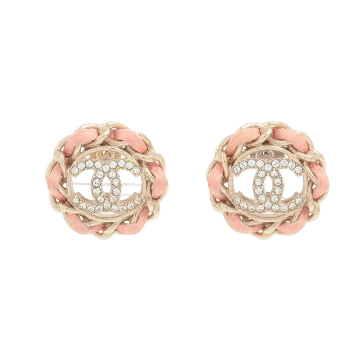 Pre-Owned Chanel 2022 Pink Leather Braided and Stone CC Mark Pierced Earrings CHA.J.1147